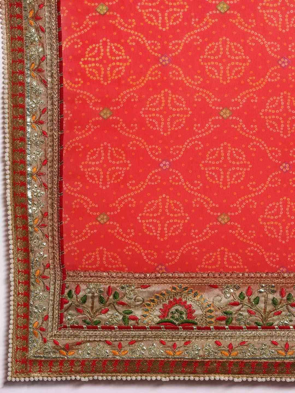 Red Colour Poly Chiffon Bandhej Print & Embellished Border Saree
