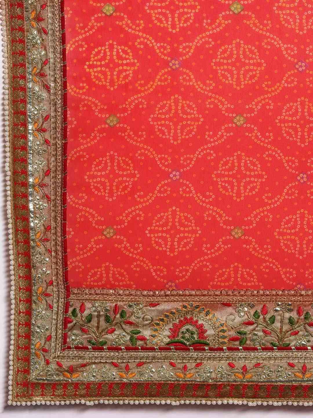 Red Colour Poly Chiffon Bandhej Print & Embellished Border Saree