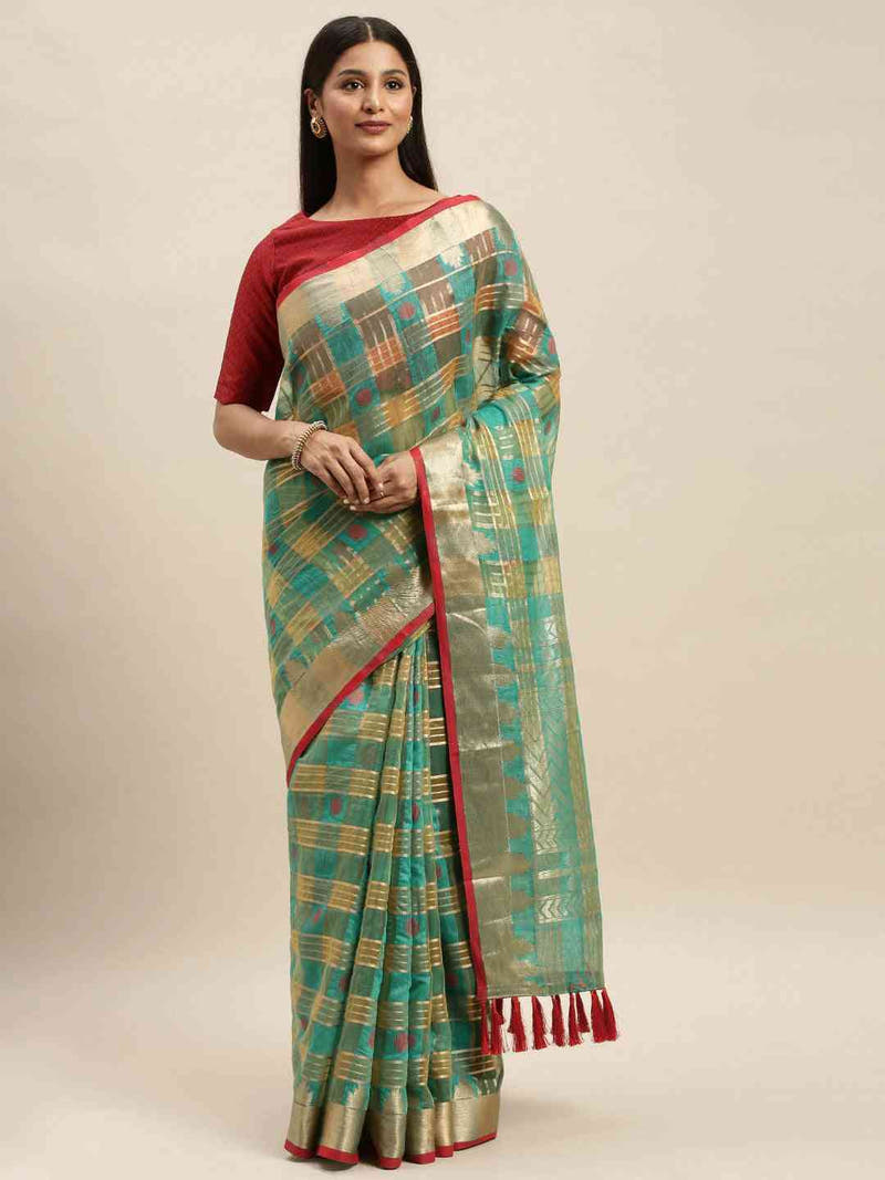 Festive Organza Silk Zari Chex Weaving Saree in Sea Green