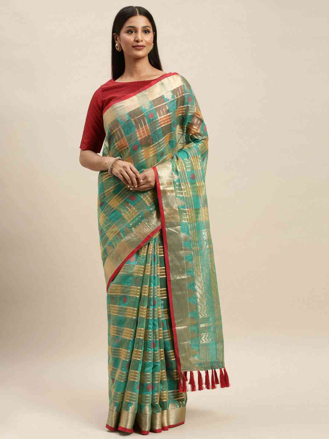Festive Organza Silk Zari Chex Weaving Saree in Sea Green