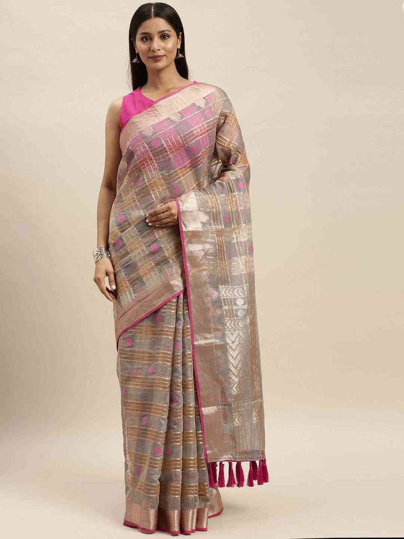 Festive Organza Silk Zari Chex Weaving Saree in Silver Colour