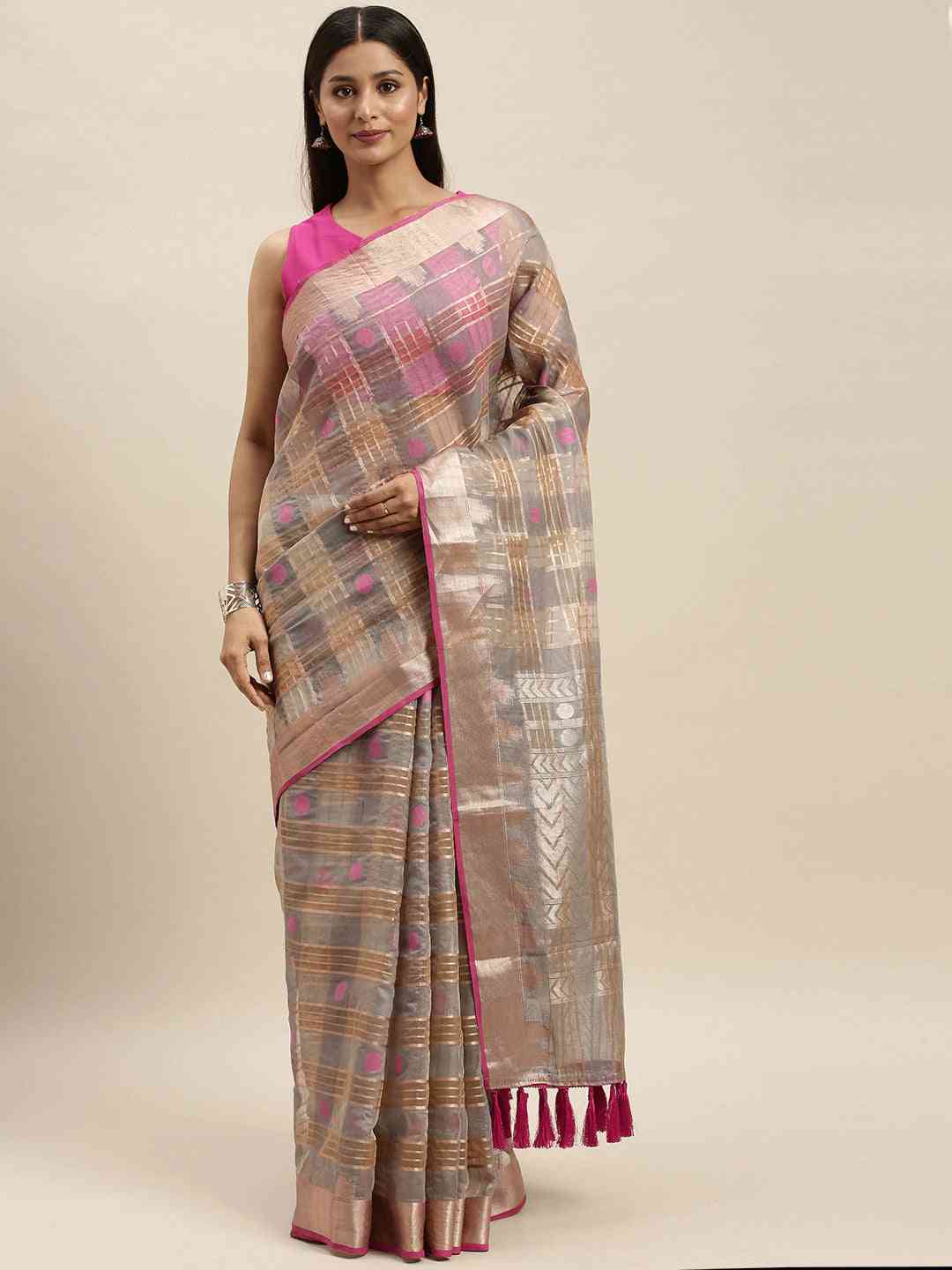 Festive Organza Silk Zari Chex Weaving Saree in Silver Colour