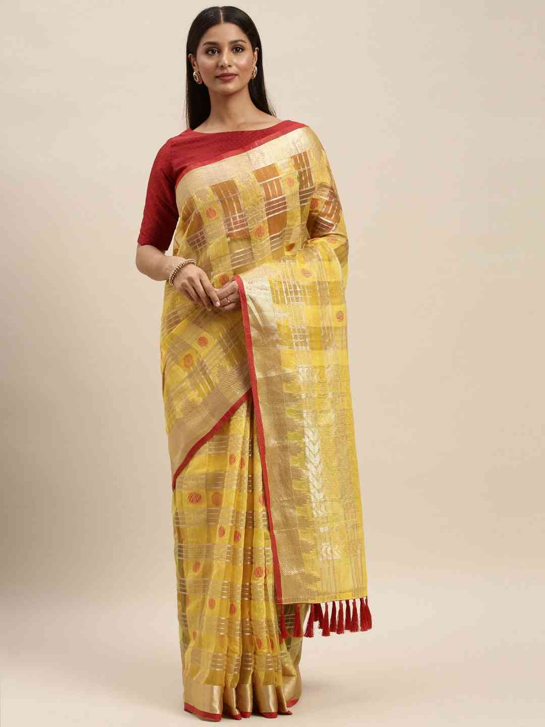 Festive Organza Silk Zari Chex Weaving Saree in Yellow Colour