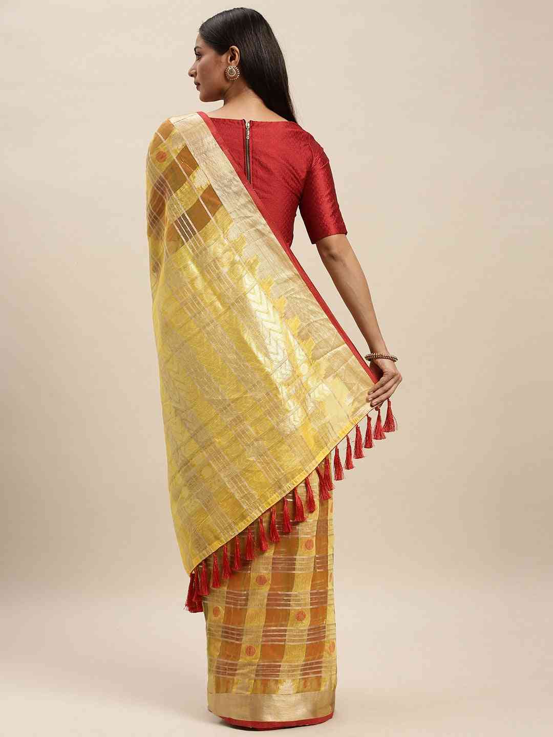 Festive Organza Silk Zari Chex Weaving Saree in Yellow Colour