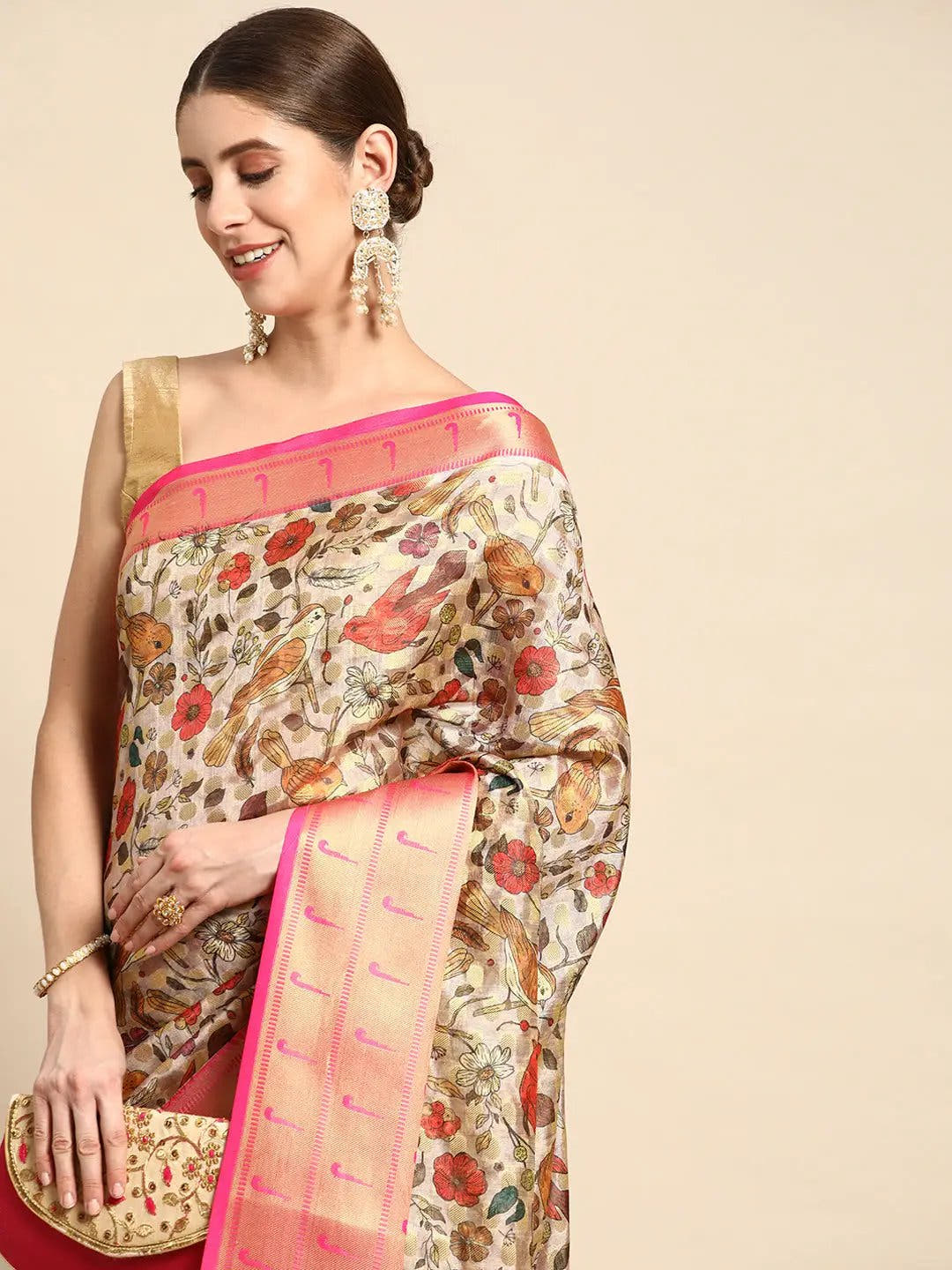 Pure Organza Floral Print Zari Work Saree