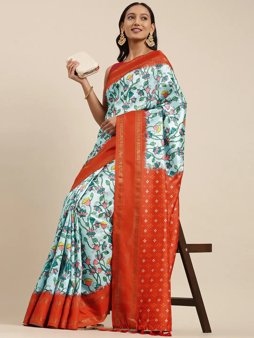 Soft Silk Kalamkari Digital Print Sky Blue Colour Saree