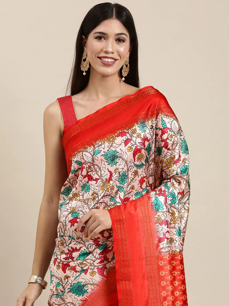 Red Colour Soft Silk Kalamkari Digital Print Saree