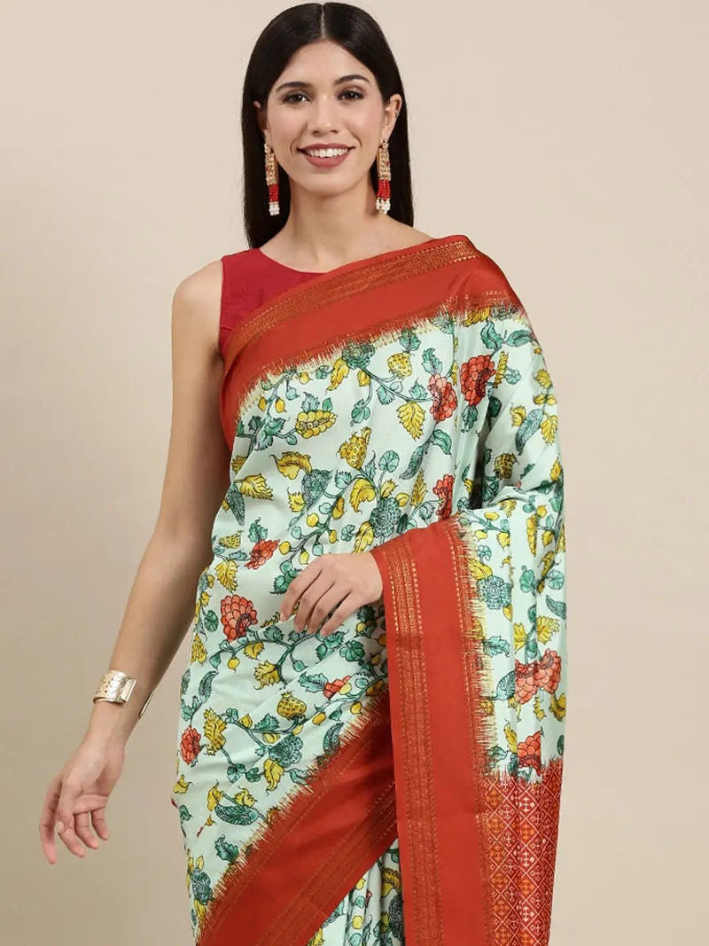 Light Green Soft Silk Kalamkari Digital Print Saree