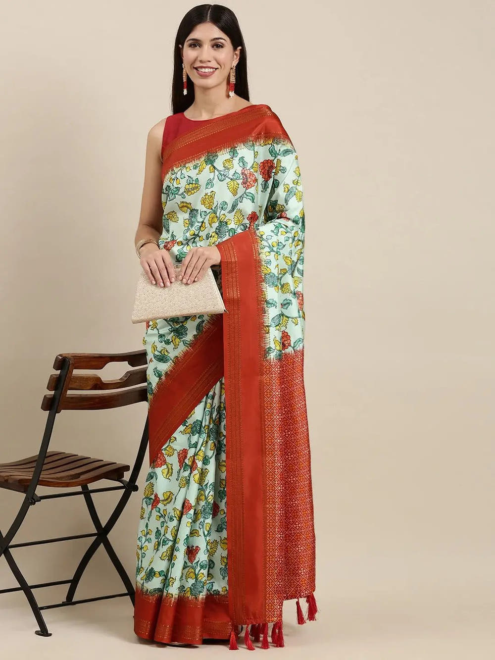 Light Green Soft Silk Kalamkari Digital Print Saree