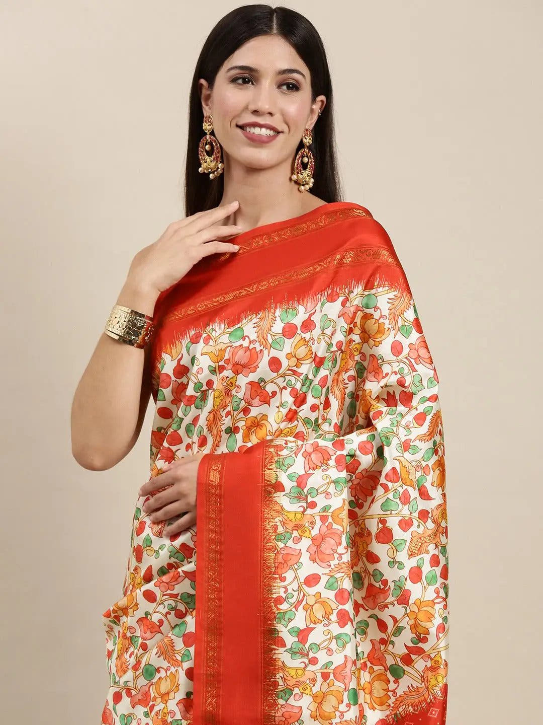 Soft Silk Kalamkari Digital Print Red Colour Saree