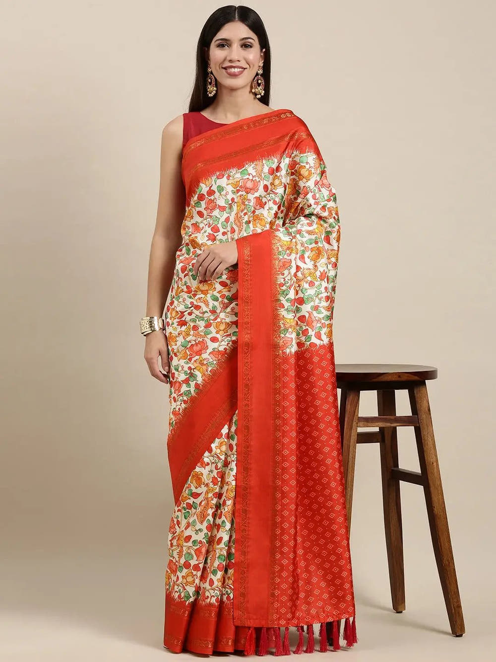 Soft Silk Kalamkari Digital Print Red Colour Saree