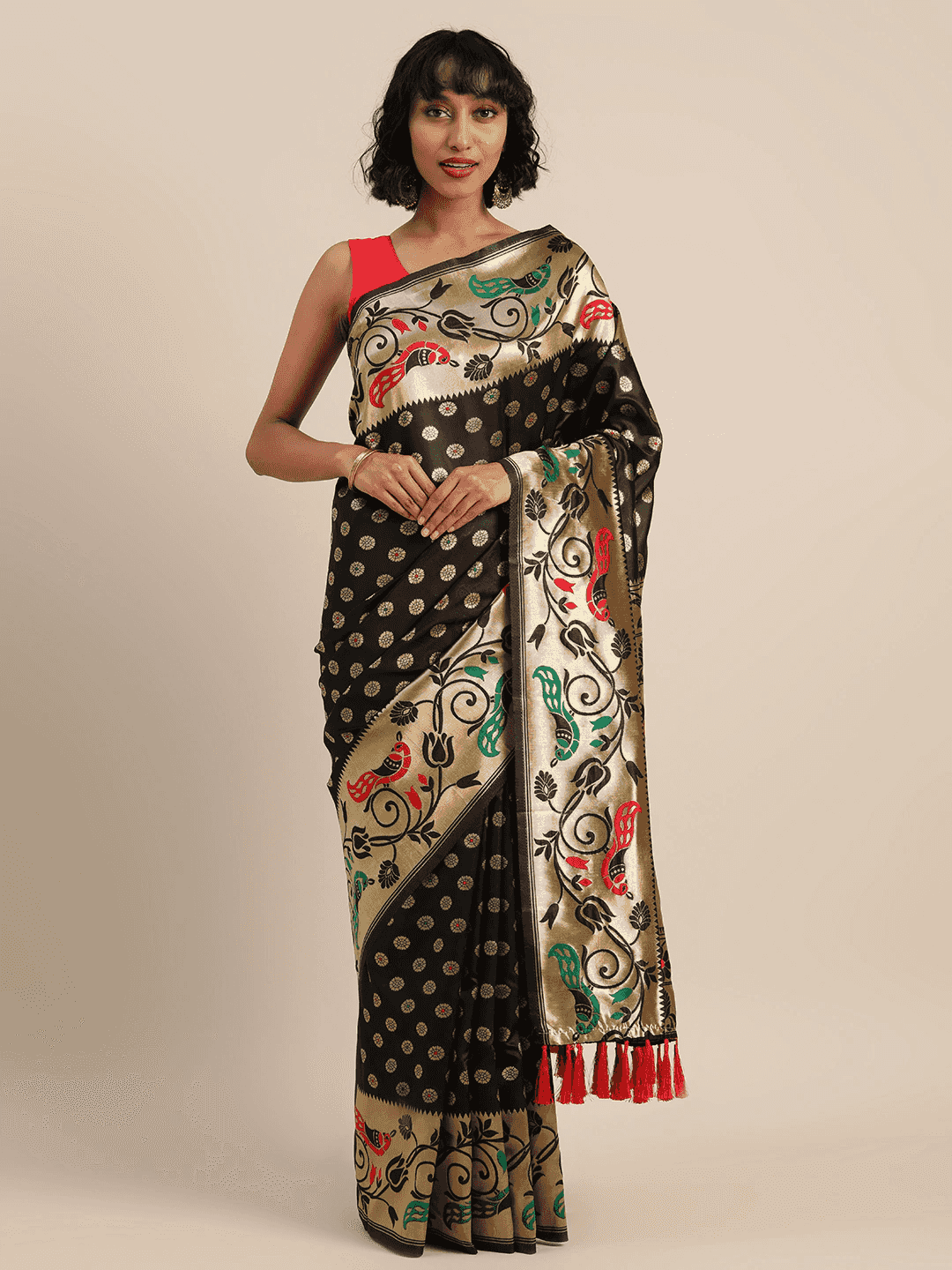 Stylish Black Colour Silk Banarasi Saree With Woven Design