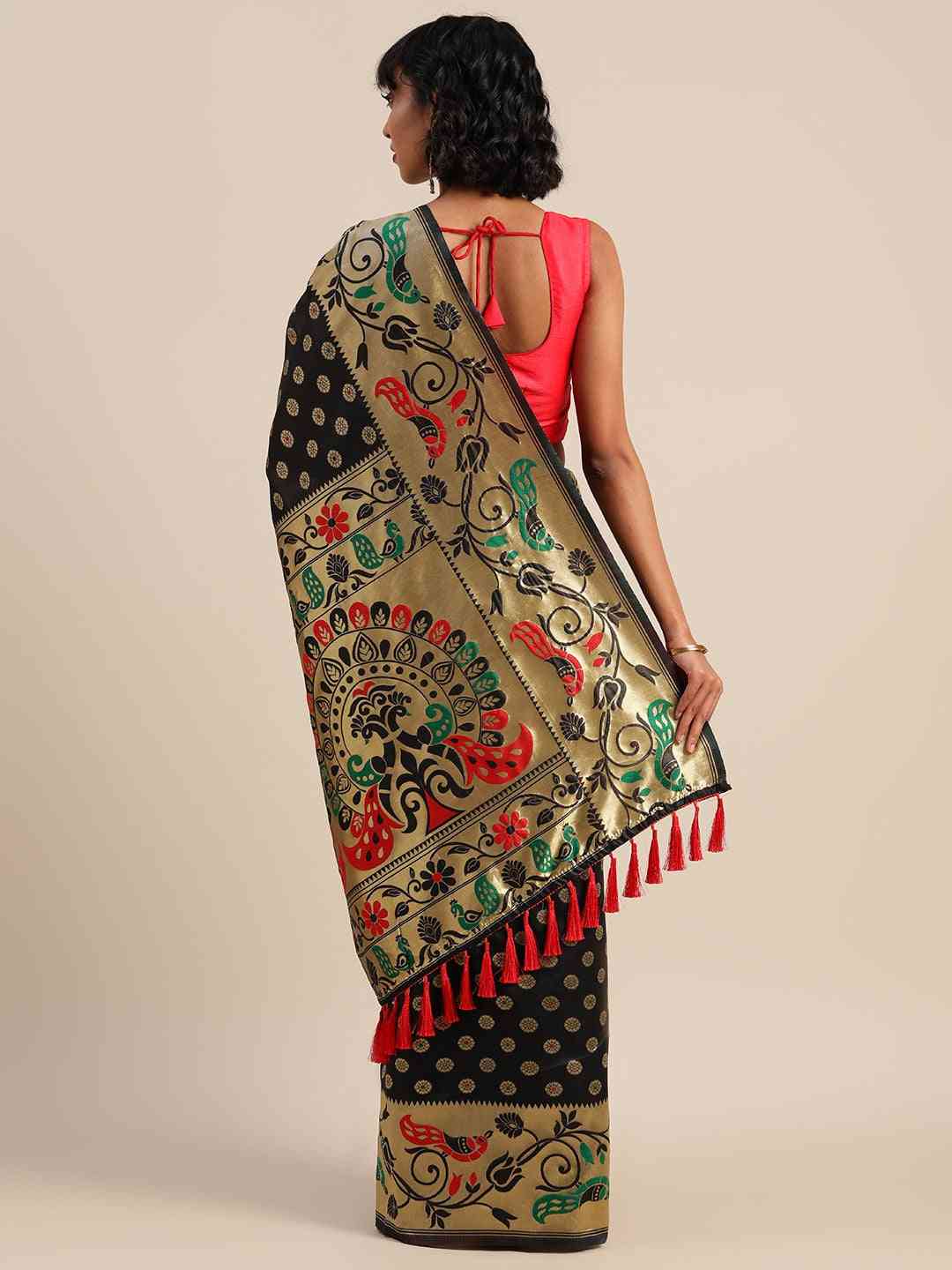Stylish Black Colour Silk Banarasi Saree With Woven Design