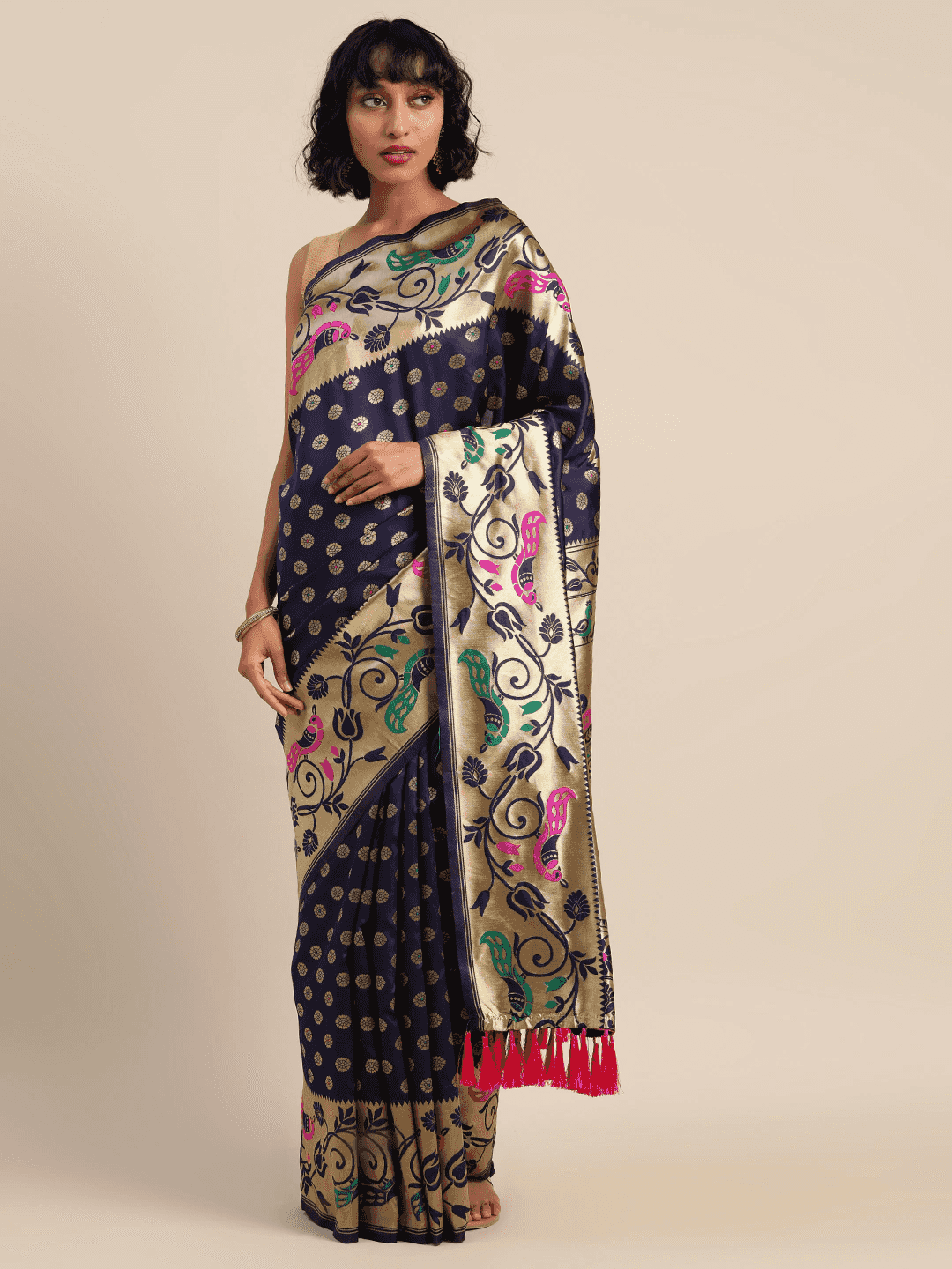 Stylish Navy Blue Colour Silk Banarasi Saree With Woven Design