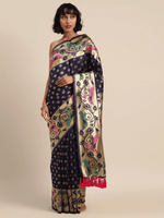 Stylish Navy Blue Colour Silk Banarasi Saree With Woven Design