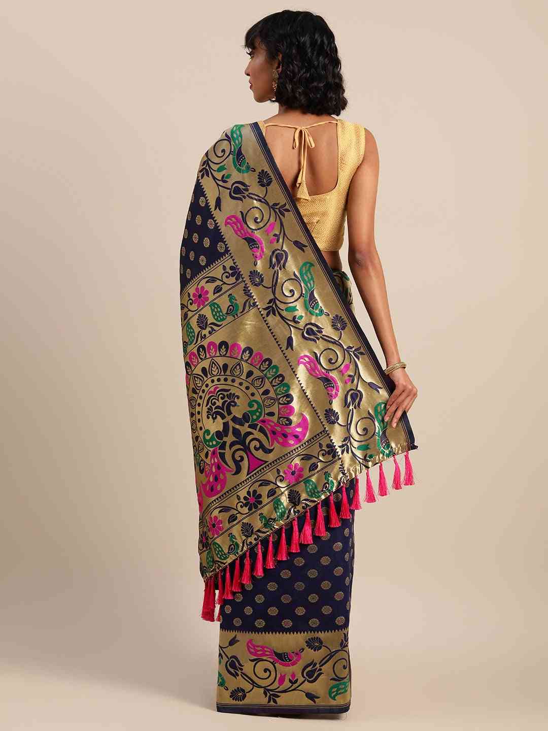Stylish Navy Blue Colour Silk Banarasi Saree With Woven Design