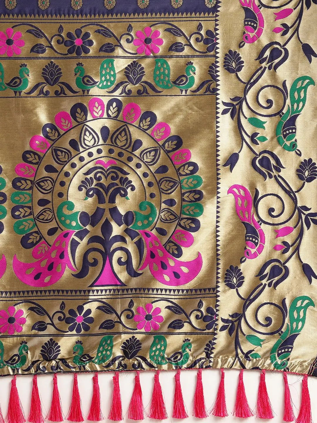 Stylish Navy Blue Colour Silk Banarasi Saree With Woven Design