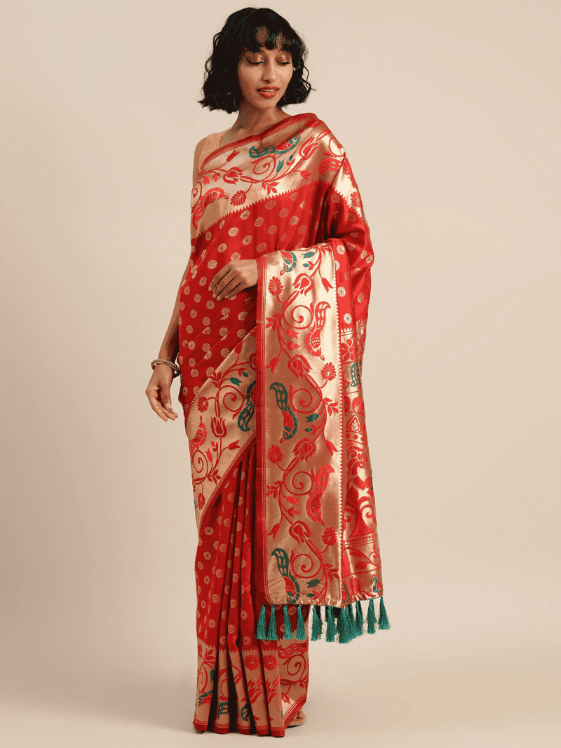 Stylish Red Colour Silk Banarasi Saree With Woven Design