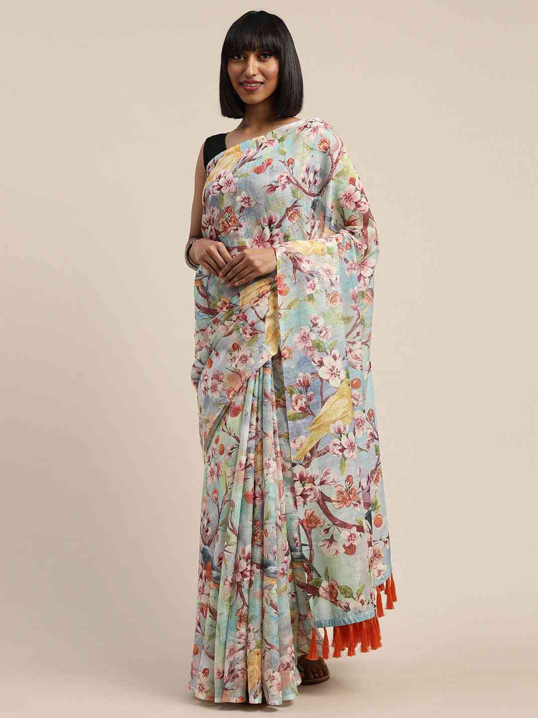 Beautiful Blue Colour Linen Floral Printed Saree