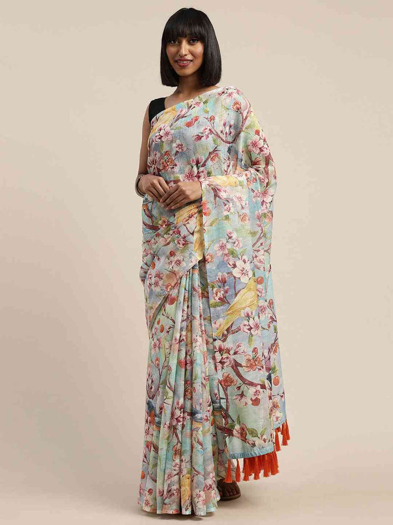 Beautiful Blue Colour Linen Floral Printed Saree