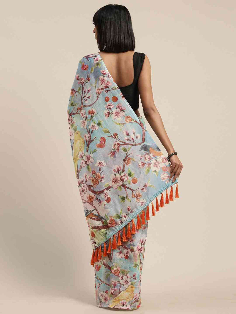 Beautiful Blue Colour Linen Floral Printed Saree
