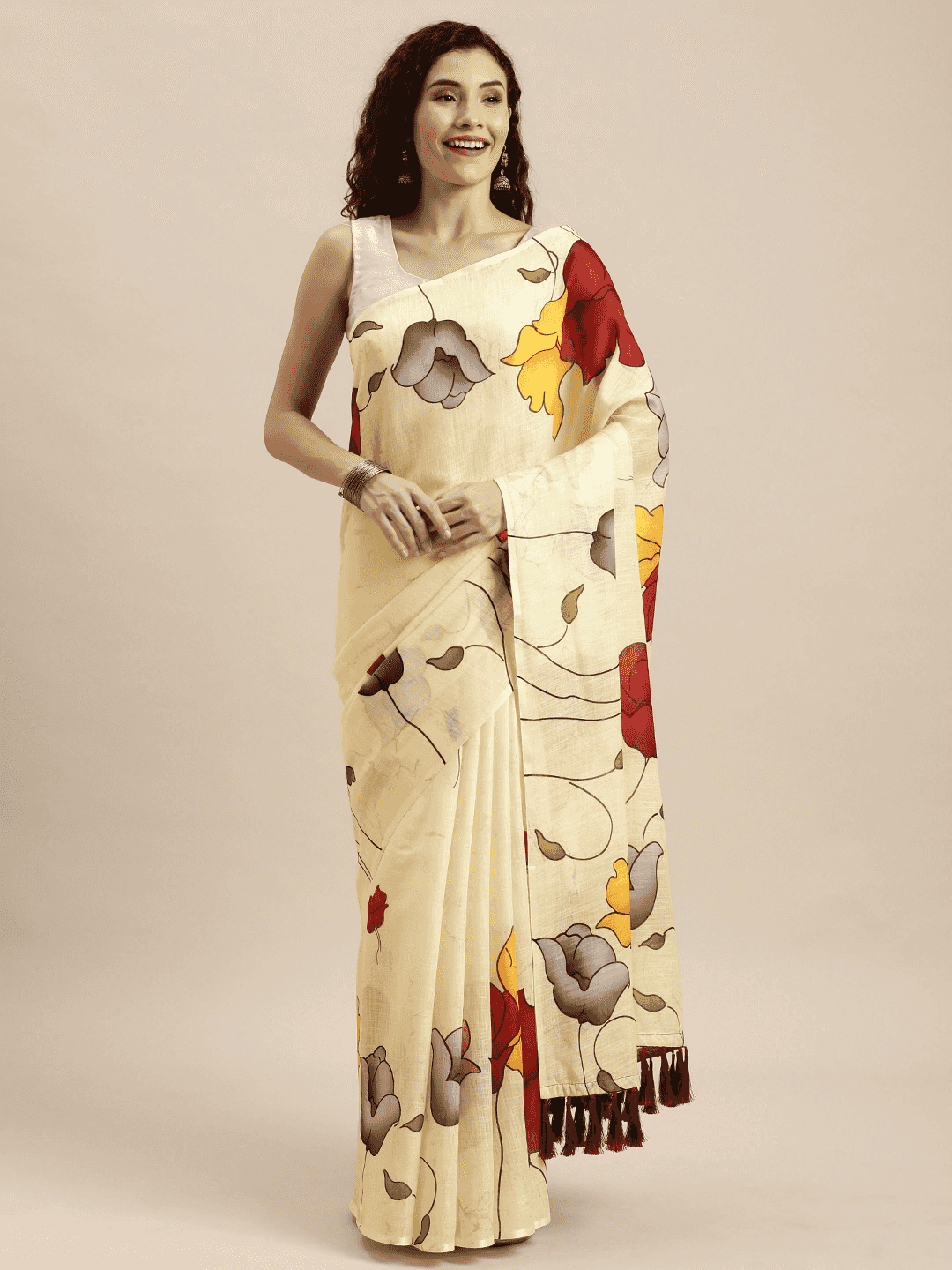 Beautiful Yellow Colour Linen Floral Printed Saree