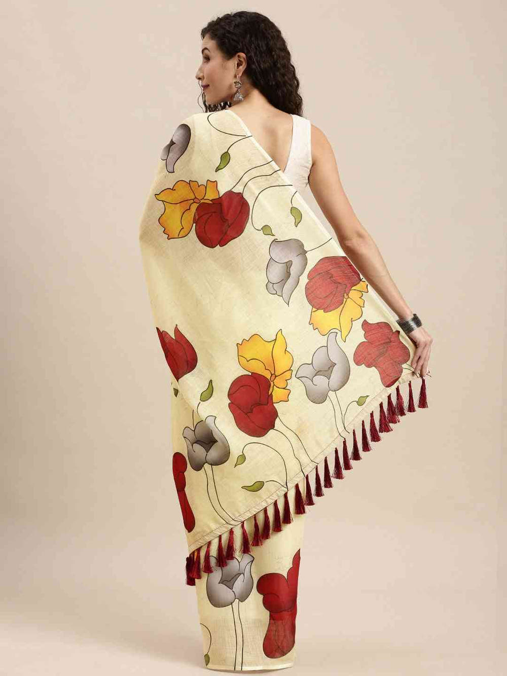 Beautiful Yellow Colour Linen Floral Printed Saree