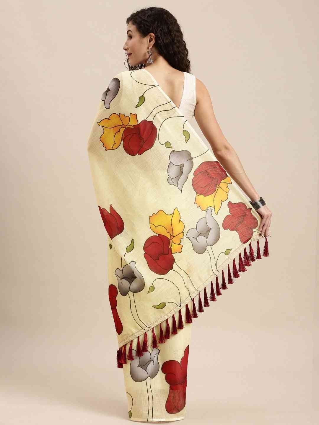 Beautiful Yellow Colour Linen Floral Printed Saree