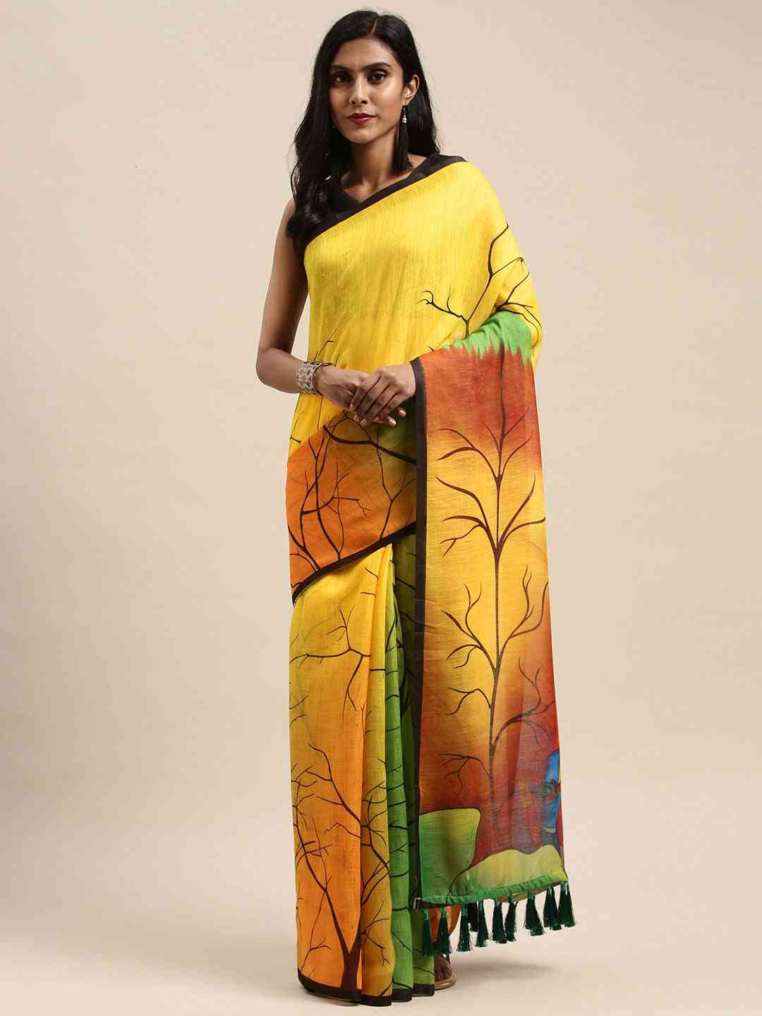 Beautiful Yellow Colour Linen Kalamkari Printed Saree