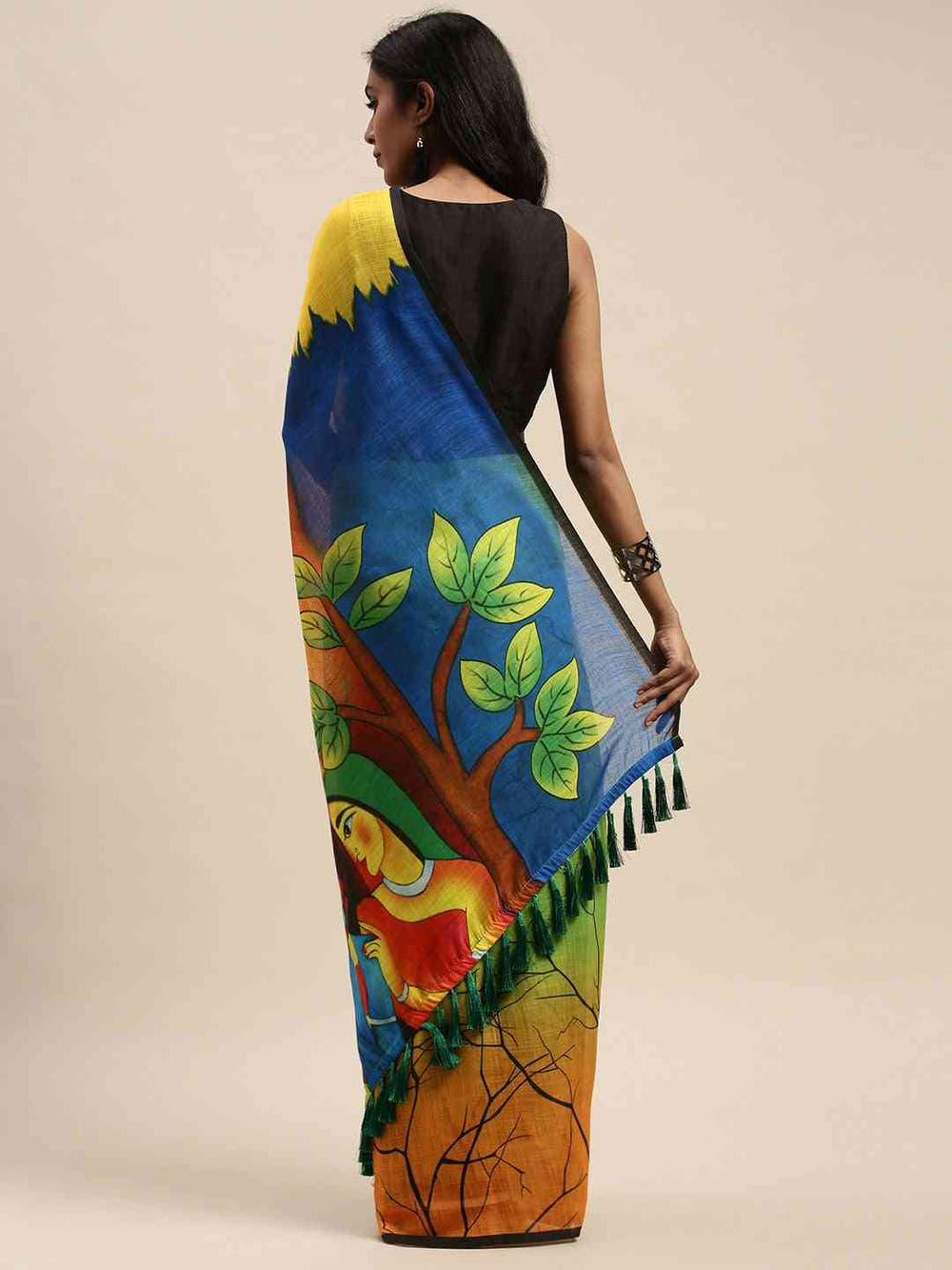 Beautiful Yellow Colour Linen Kalamkari Printed Saree