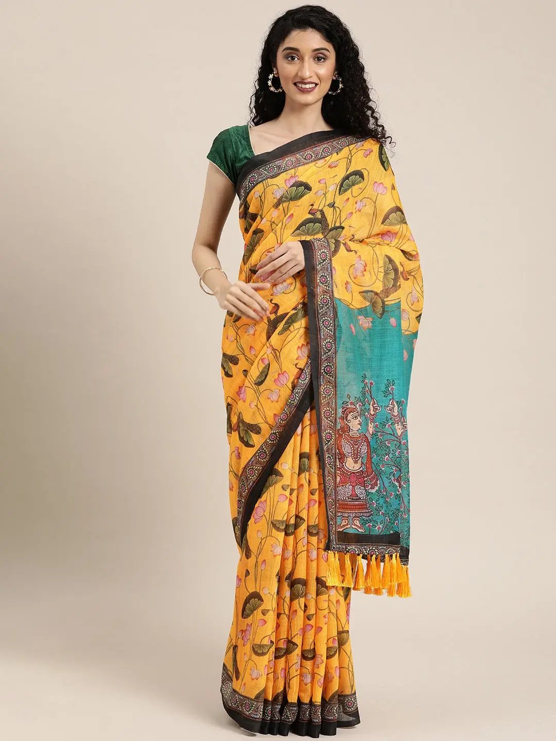 Beautiful Yellow Colour Linen Pichwai Printed Saree