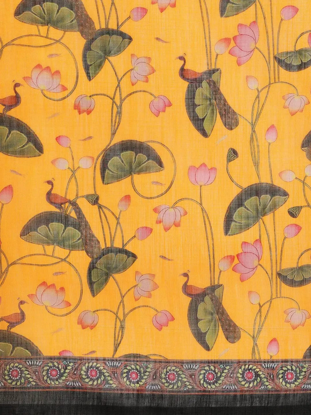 Beautiful Yellow Colour Linen Pichwai Printed Saree