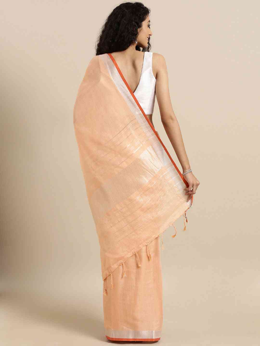 Stylish Solid Linen Saree With Zari Border