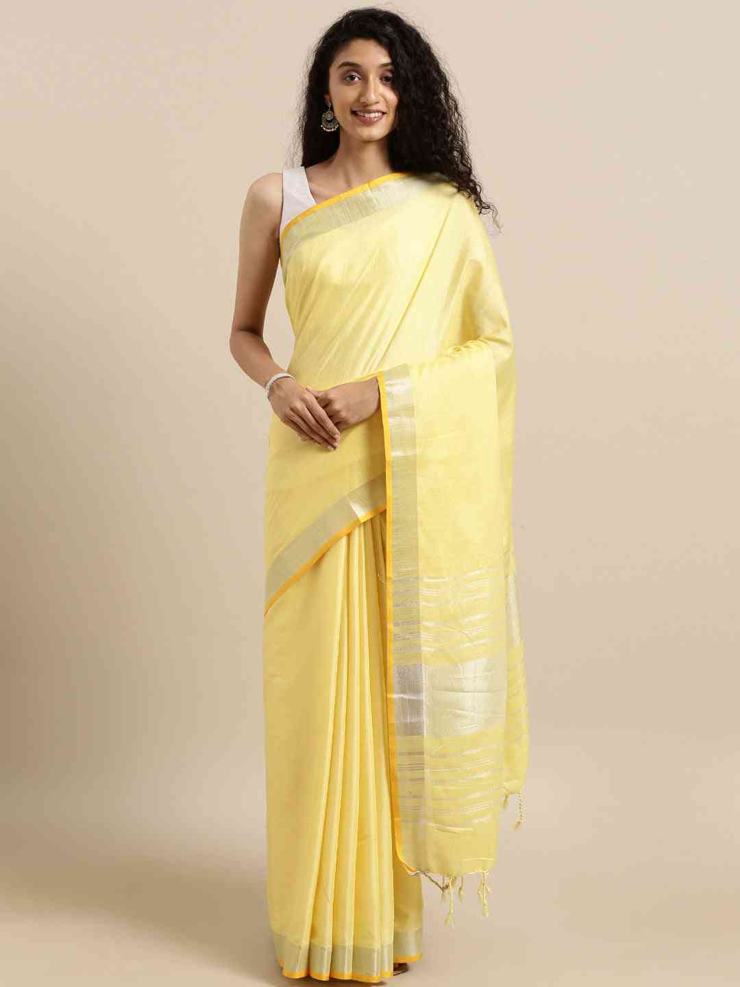 Stylish Solid Linen Saree With Zari Border