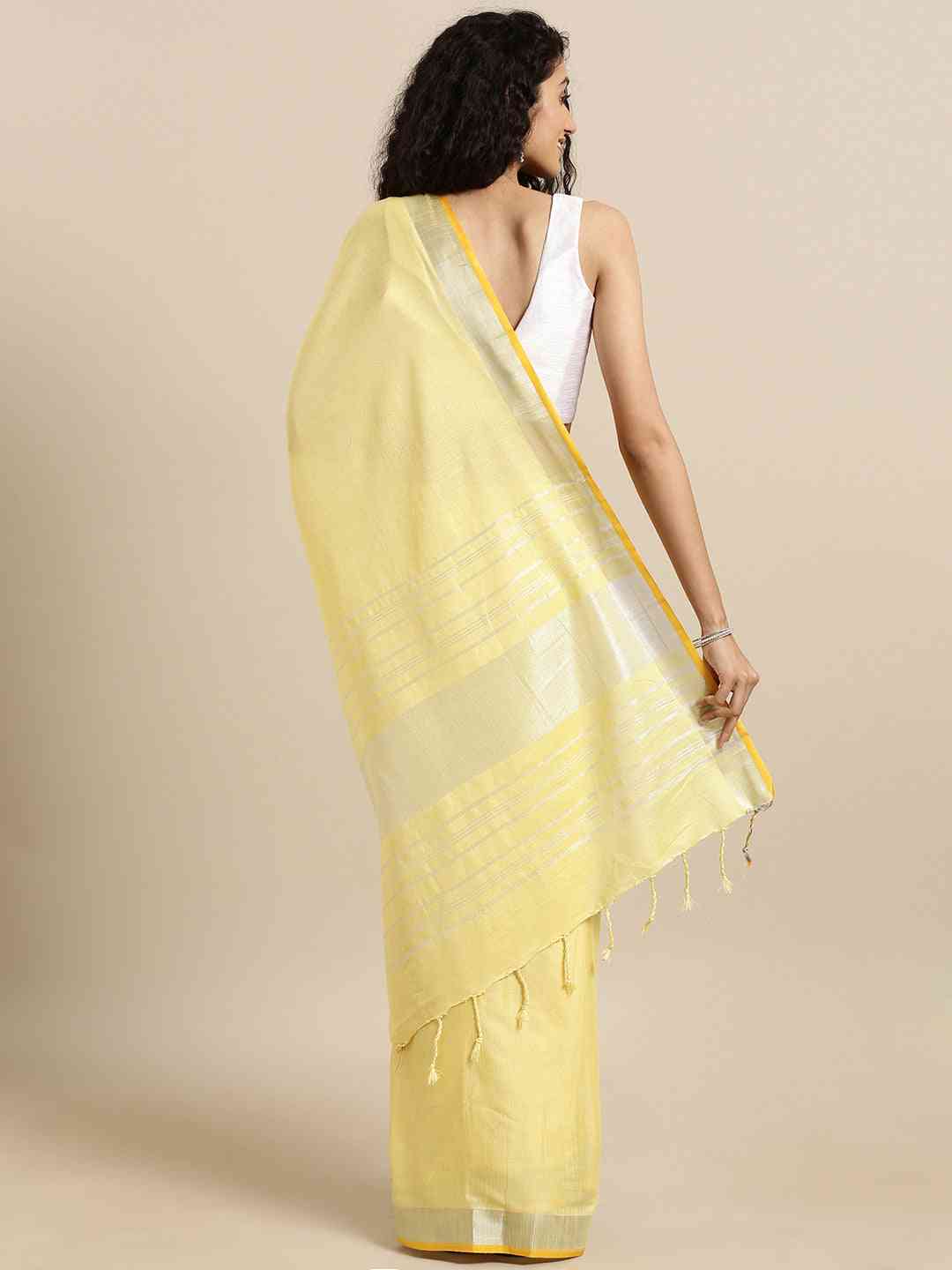Stylish Solid Linen Saree With Zari Border
