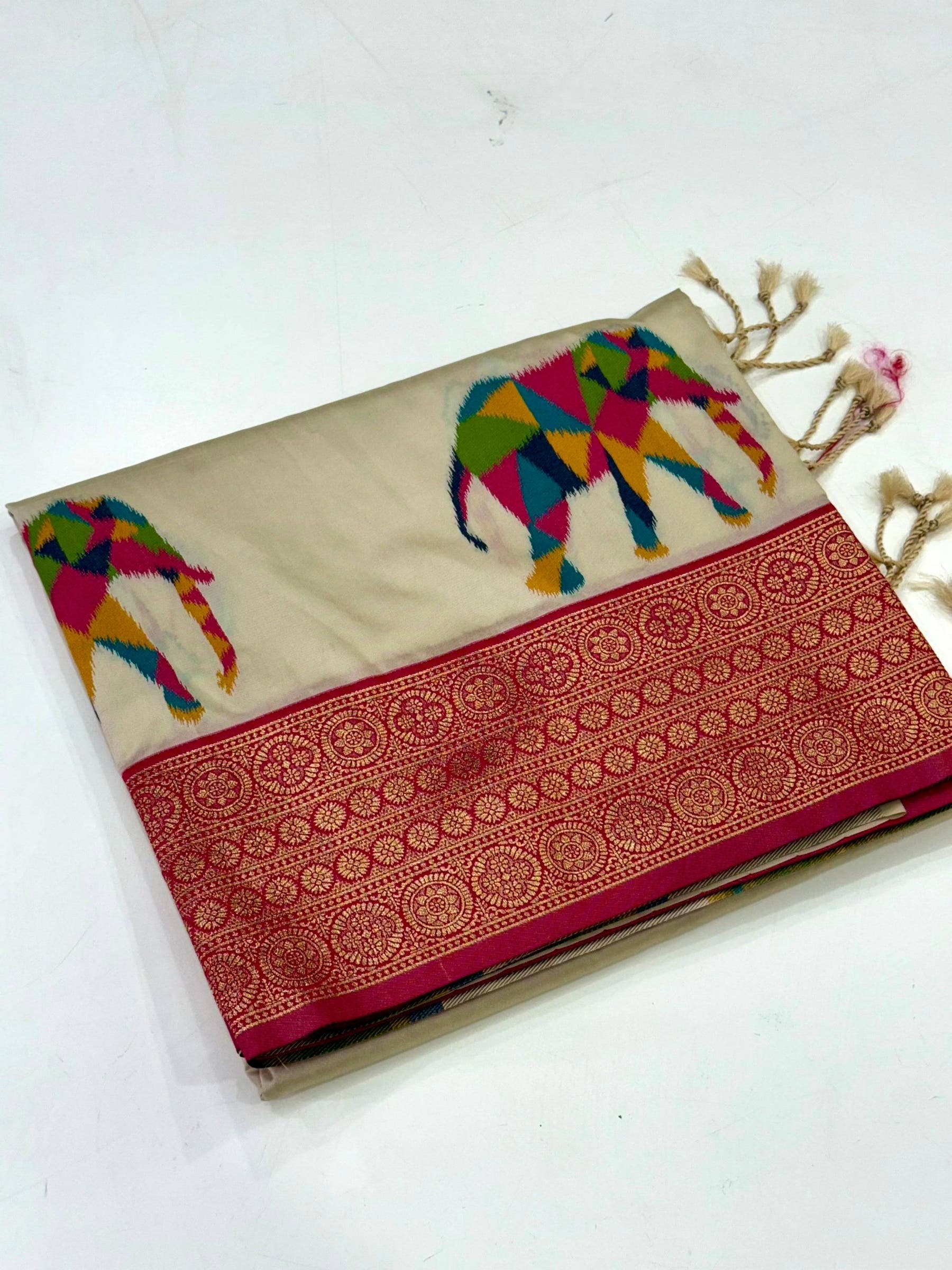 Elephant Ikkat Banarasi Soft Silk Saree