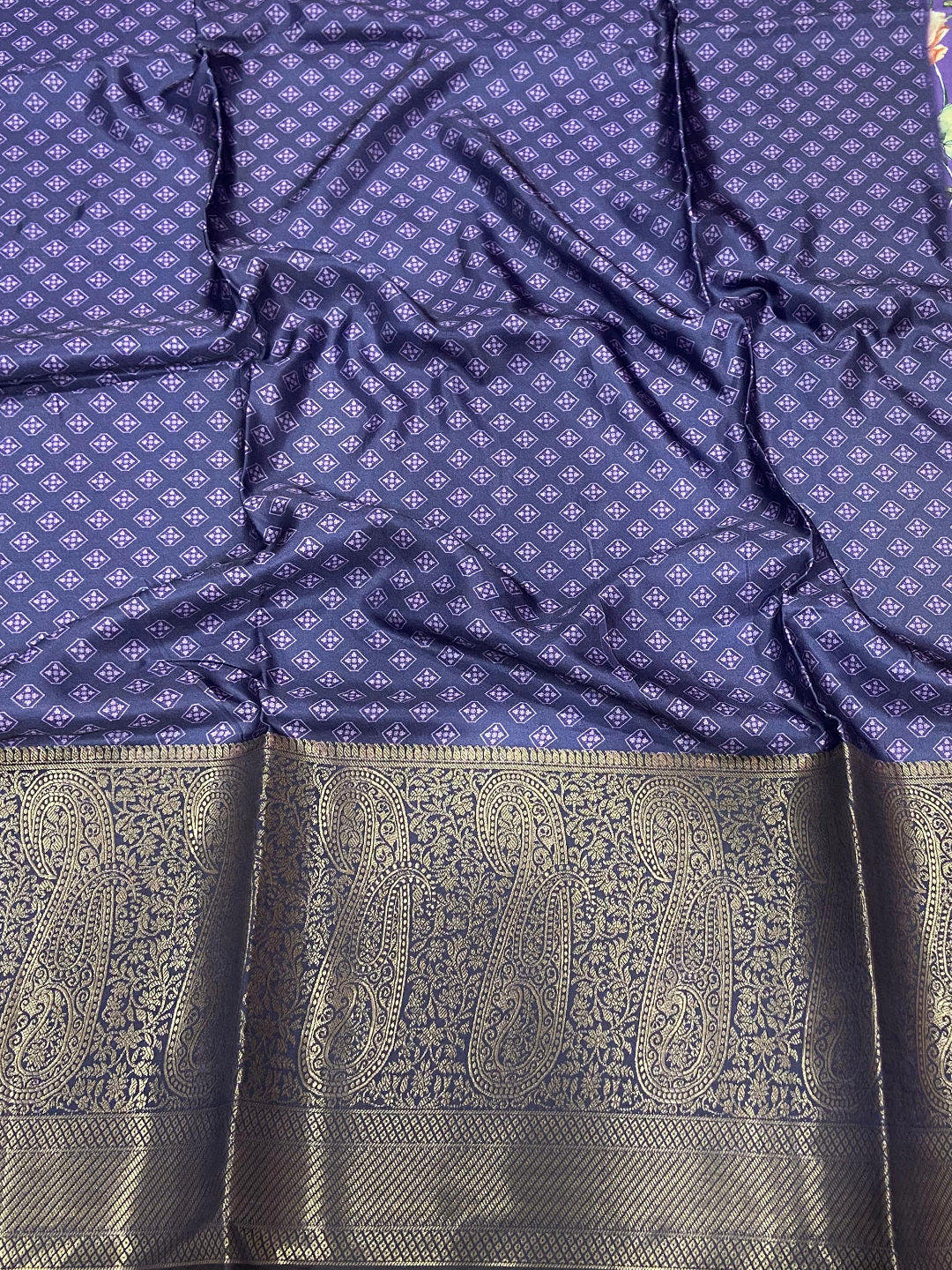 Iris Purple Satin Silk Floral Print Saree