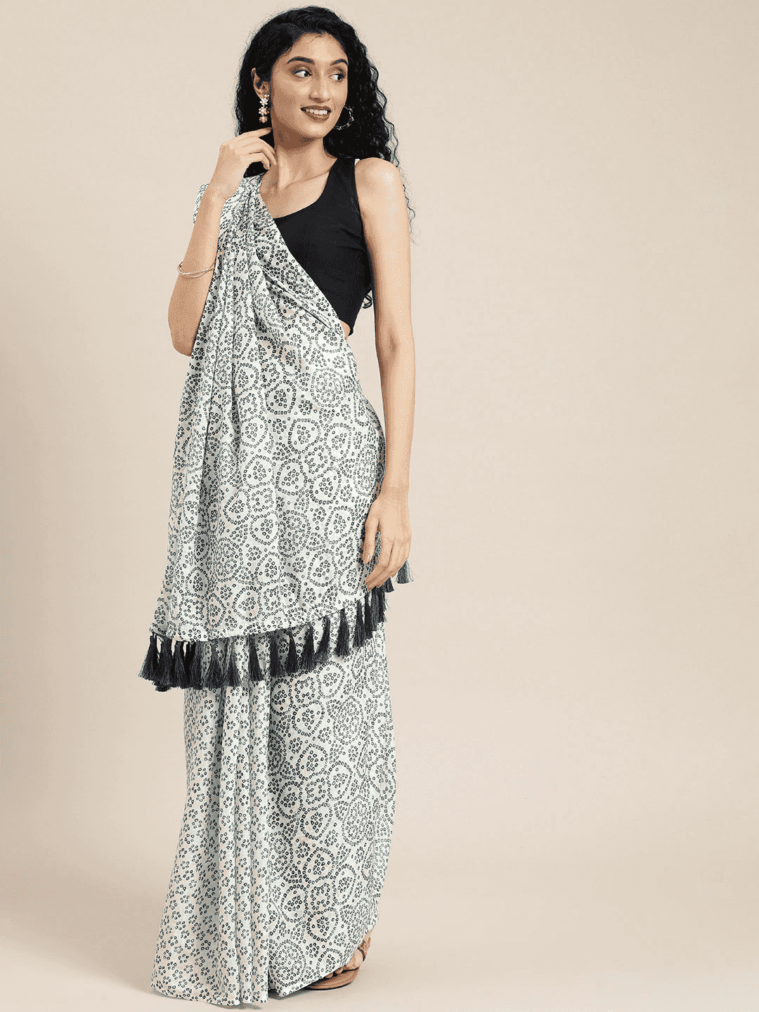 Stylish Linen Printed Bandhani Saree with Resham Tassel