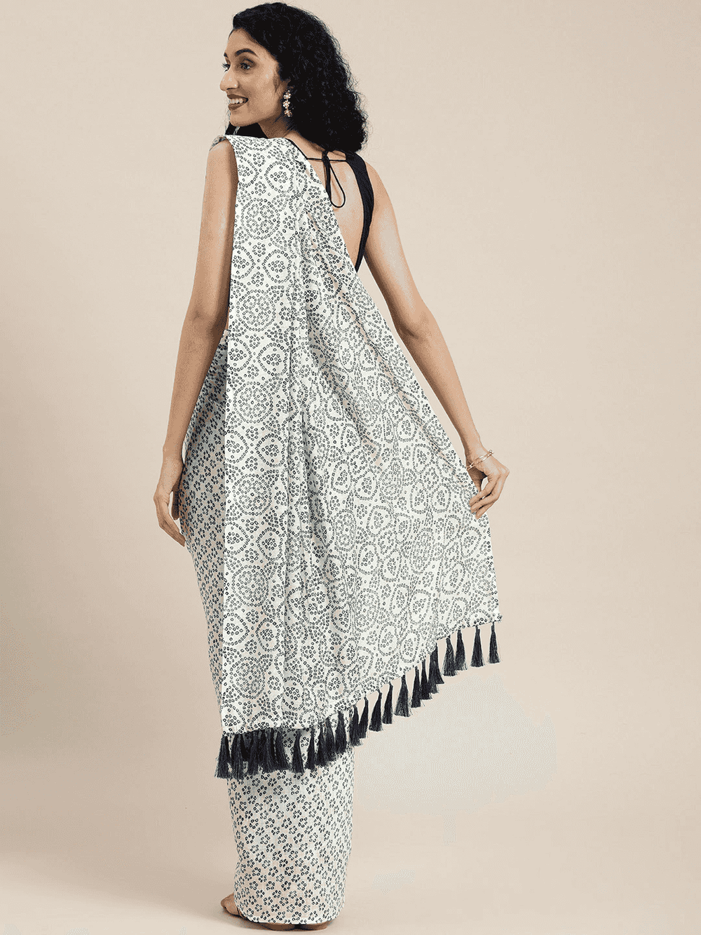 Stylish Linen Printed Bandhani Saree with Resham Tassel