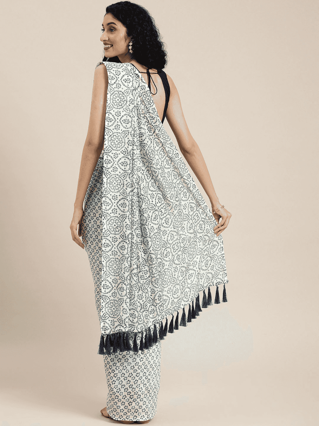 Stylish Linen Printed Bandhani Saree with Resham Tassel