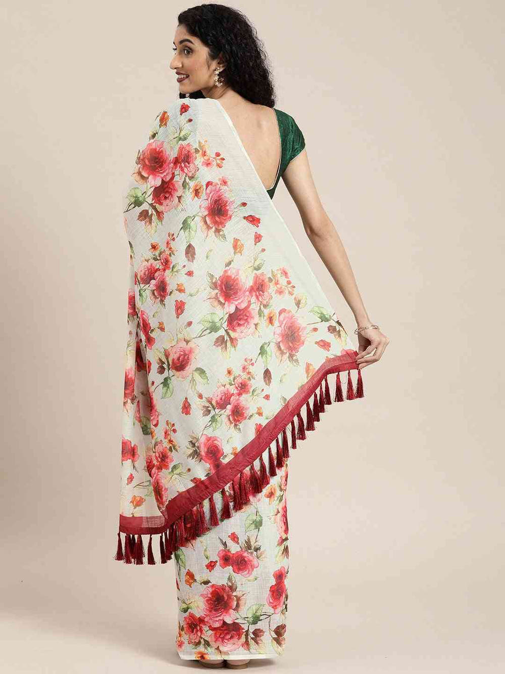 Stylish Linen Saree With Floral Print And Resham Tassel
