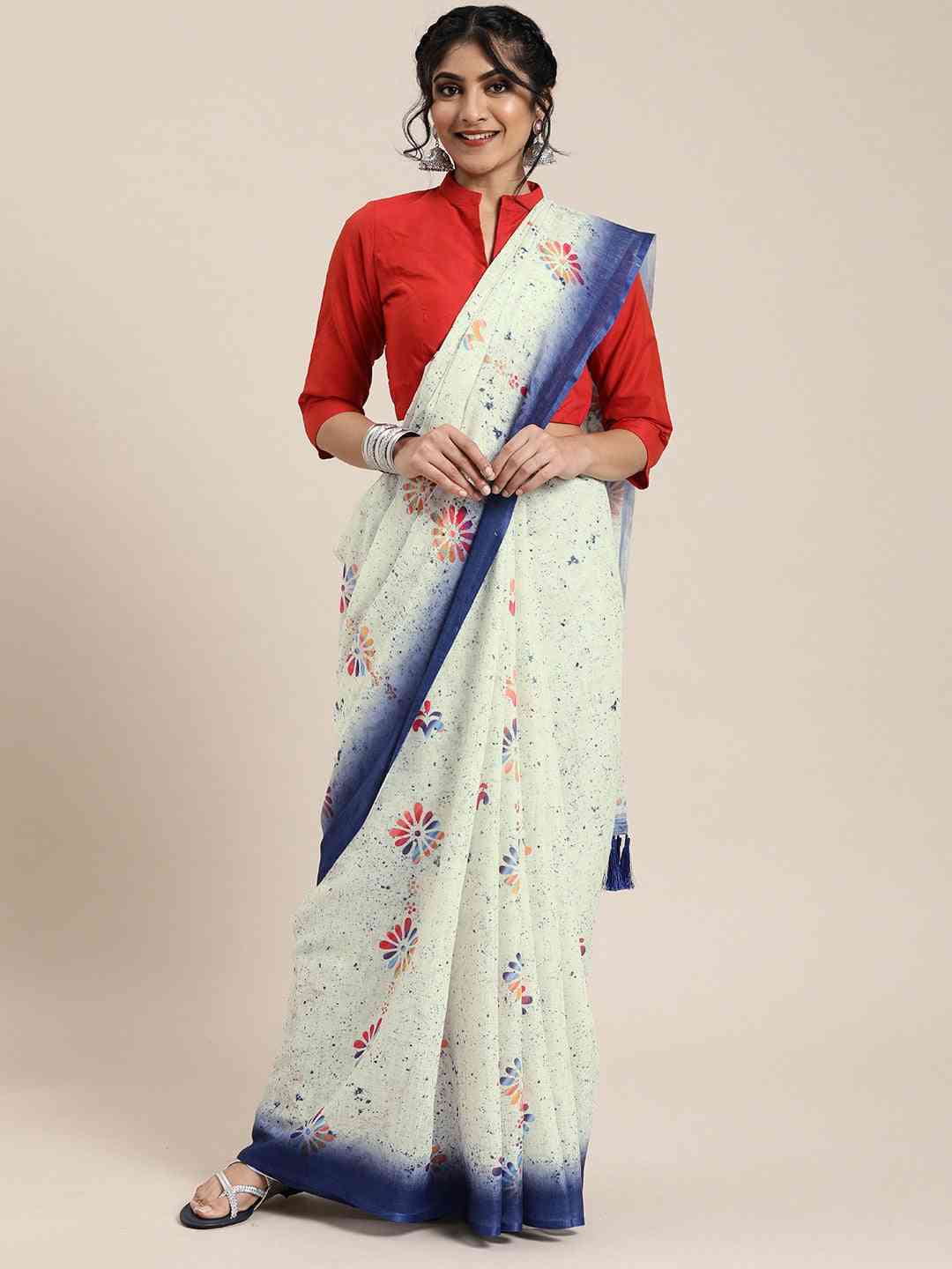 Stylish White Colour Linen Block Print Saree