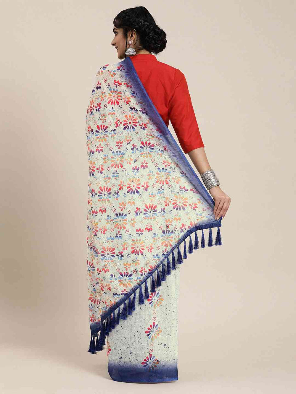 Stylish White Colour Linen Block Print Saree