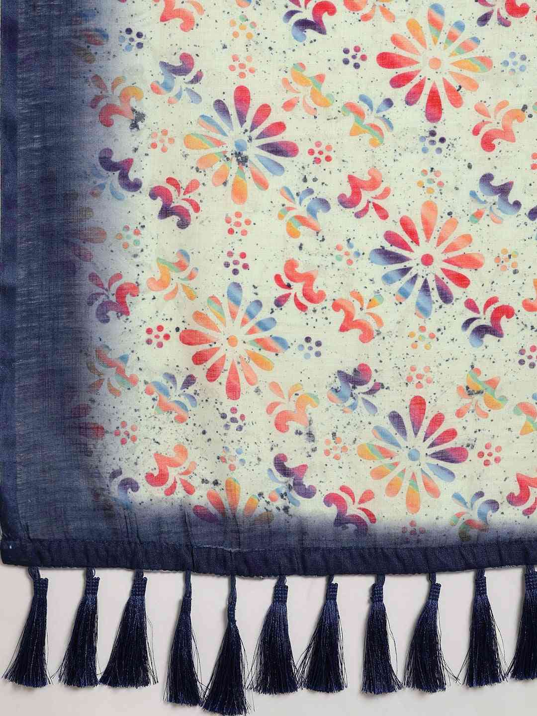 Stylish White Colour Linen Block Print Saree