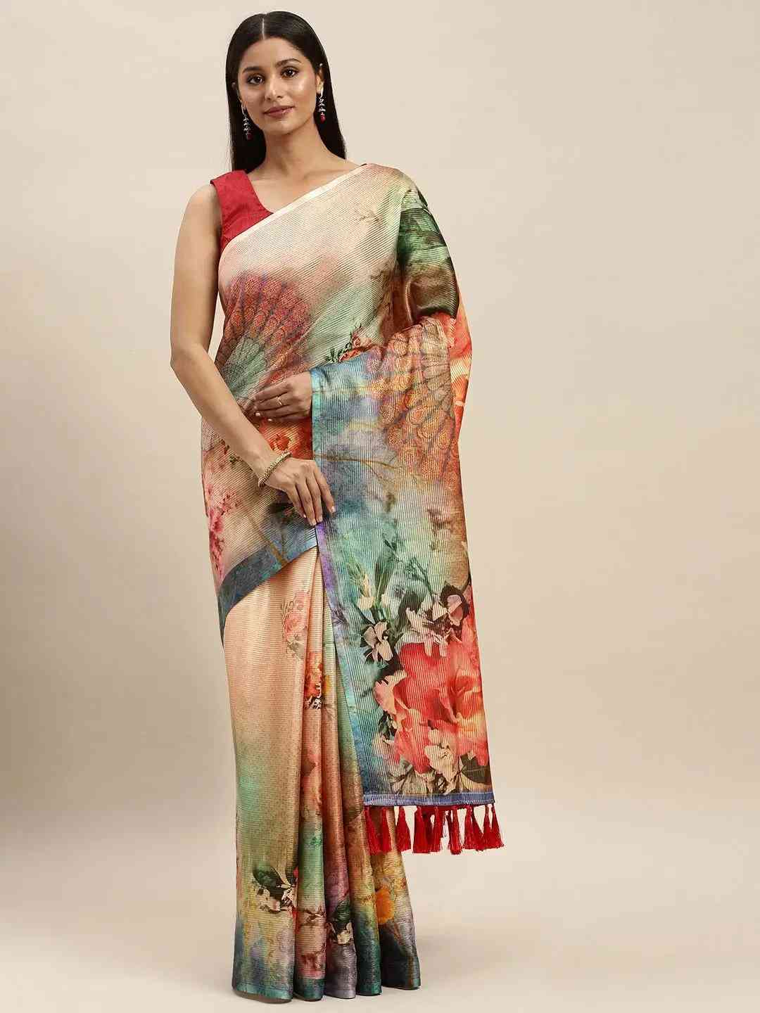 Soft Silk Zari Tissue Weaving Flower Print Design Saree
