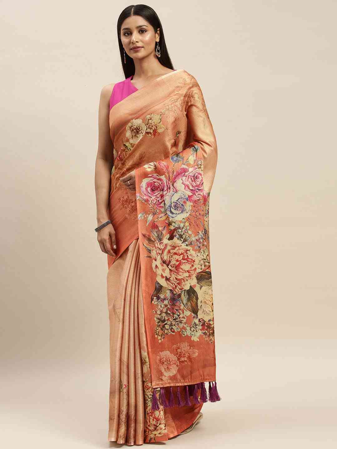 Soft Silk Zari Tissue Weaving Flower Print Design Saree
