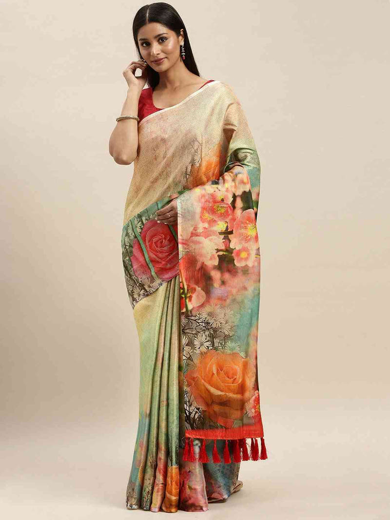 Soft Silk Zari Tissue Weaving Flower Print Design Saree