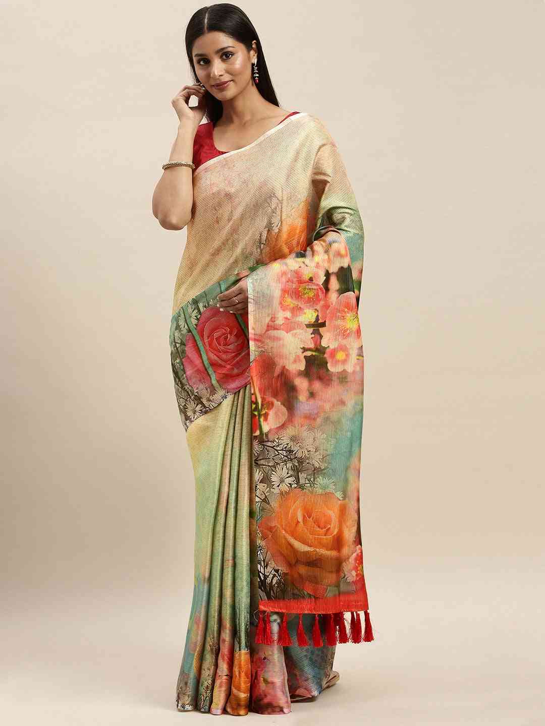 Soft Silk Zari Tissue Weaving Flower Print Design Saree