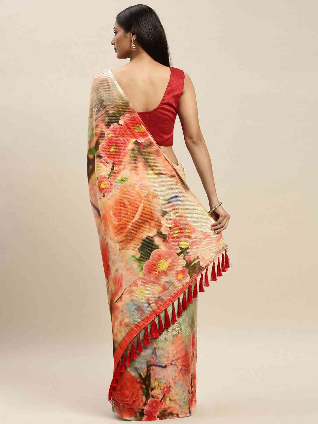 Soft Silk Zari Tissue Weaving Flower Print Design Saree