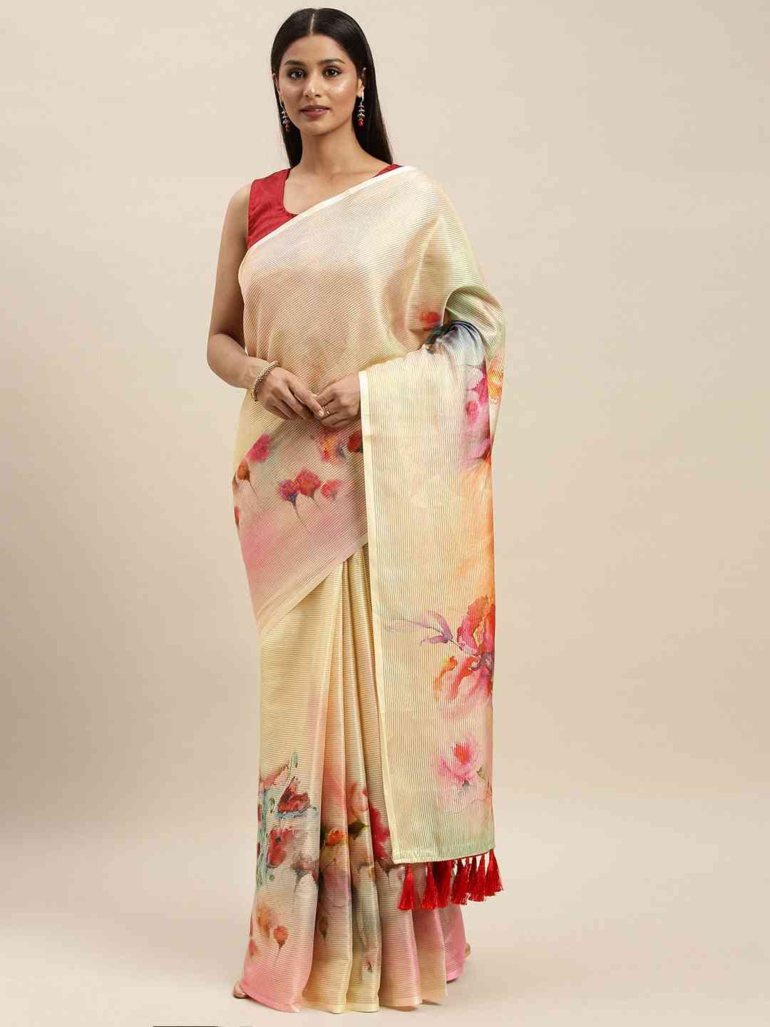 Soft Silk Zari Tissue Weaving Flower Print Design Saree